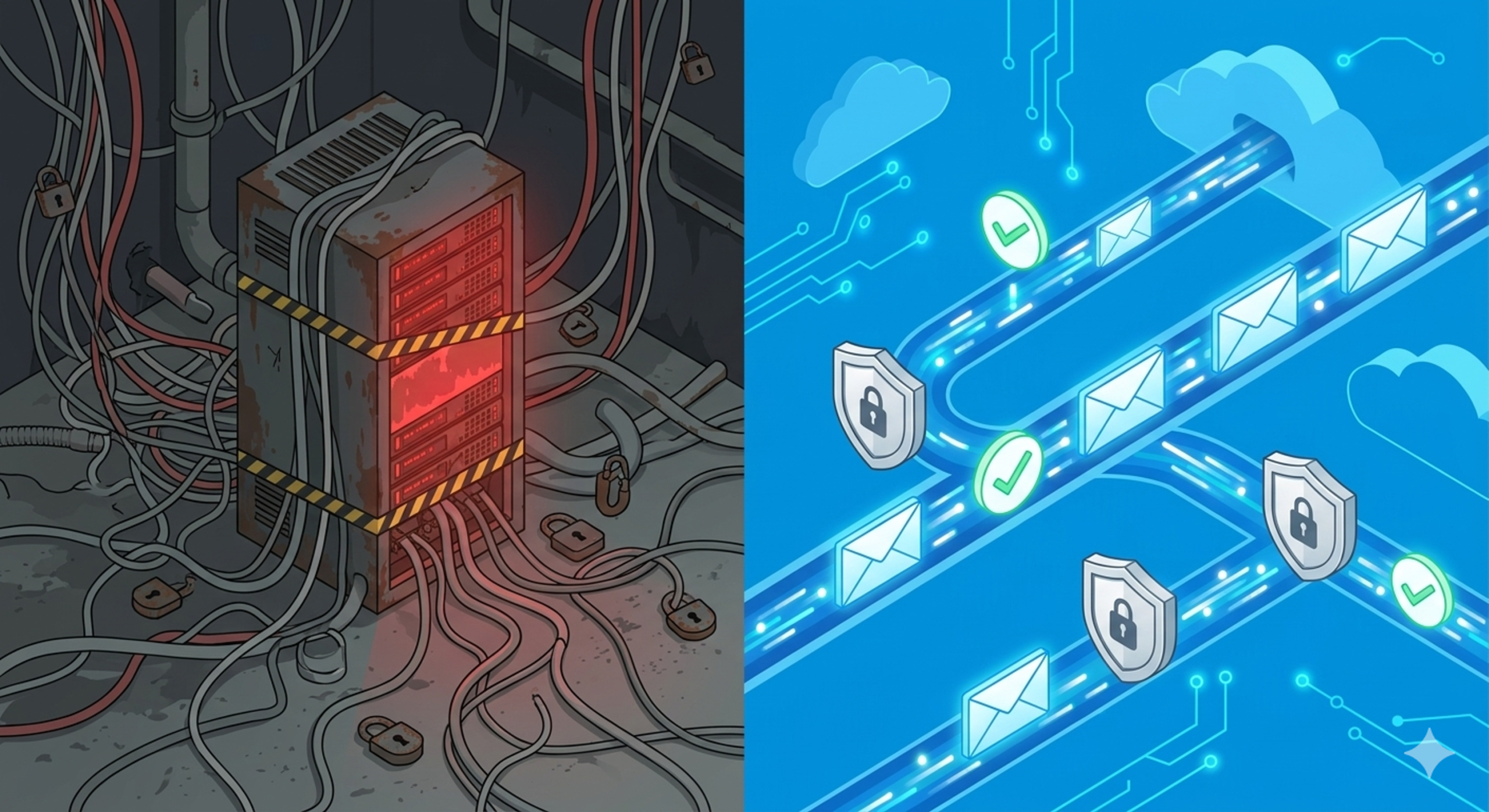 Side-by-side comparison of legacy SMTP relay with tangled cables and rusty servers versus modern Azure Communication Services with secure, streamlined cloud email delivery