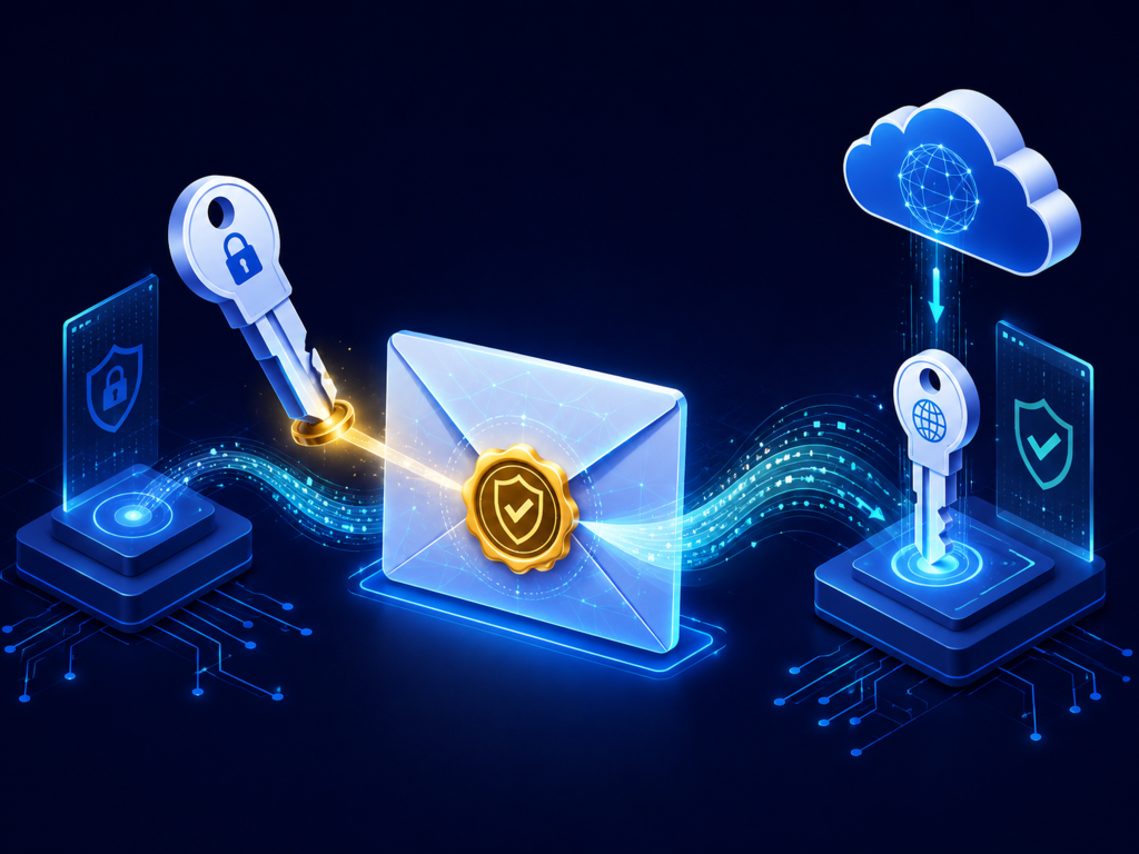 Isometric illustration of DKIM email signing showing a private key sealing an email envelope and a public key from DNS verifying the cryptographic signature