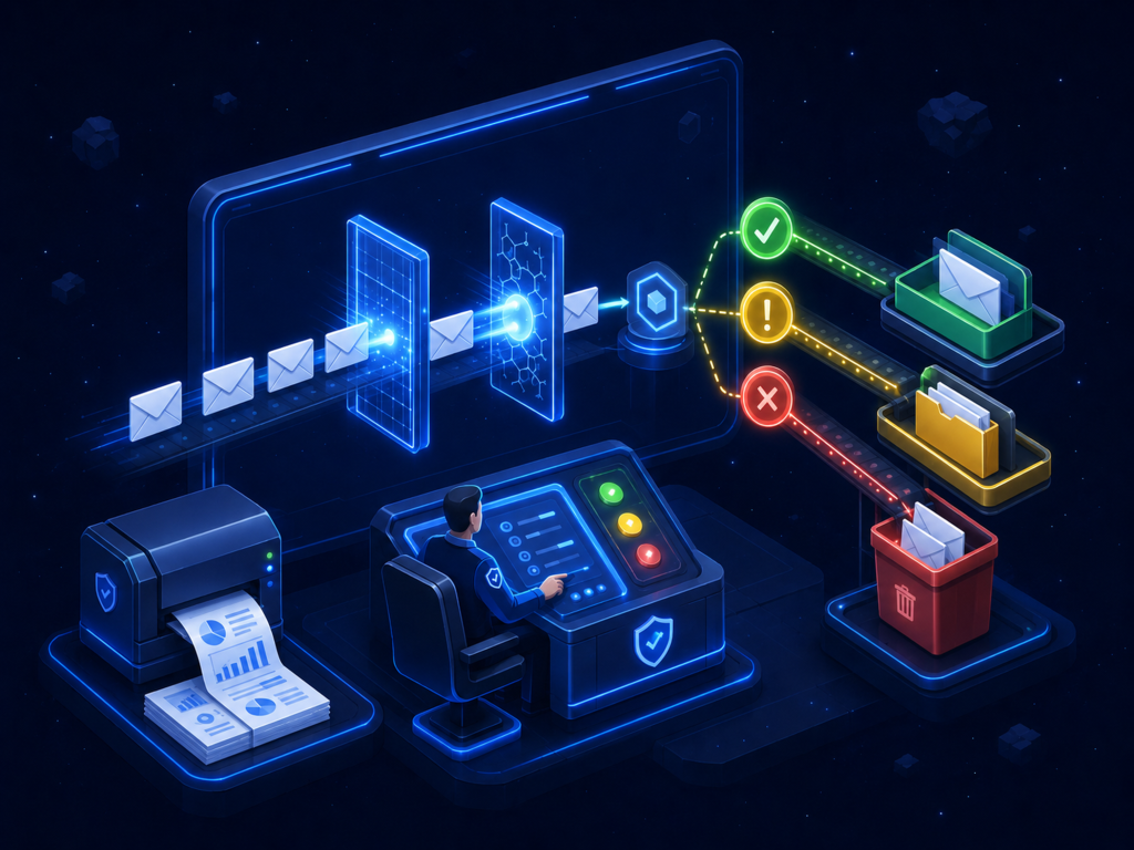 Isometric illustration of a DMARC security control room with scanning beams for SPF and DKIM checks and three output paths for accept quarantine and reject decisions