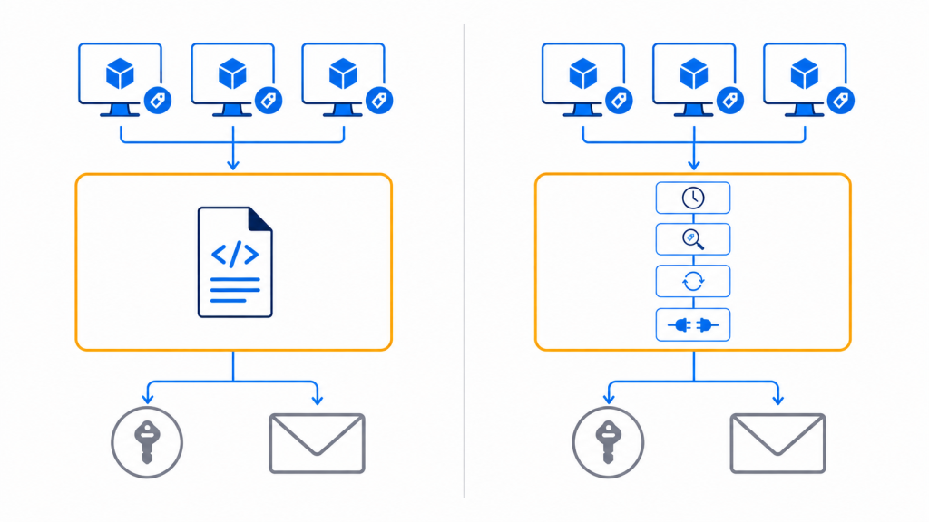 Side-by-side architecture diagram showing that tags, managed identity, and email notification stay identical between the runbook and Logic App approaches, while only the execution layer differs.