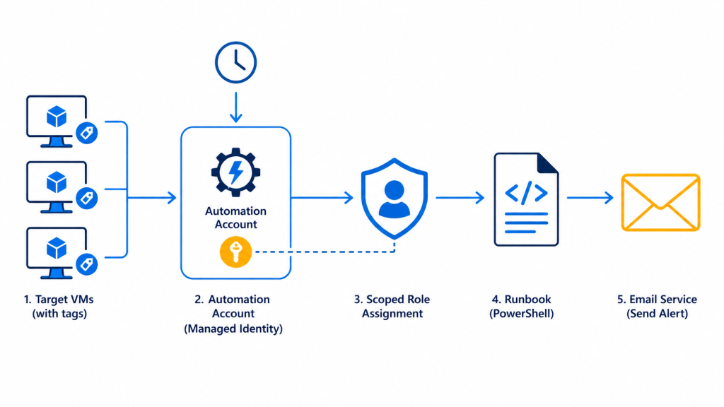 Architecture diagram showing tagged virtual machines, an Azure Automation Account with a system-assigned managed identity, a scoped RBAC role, a PowerShell runbook, a schedule, and an email notification service.