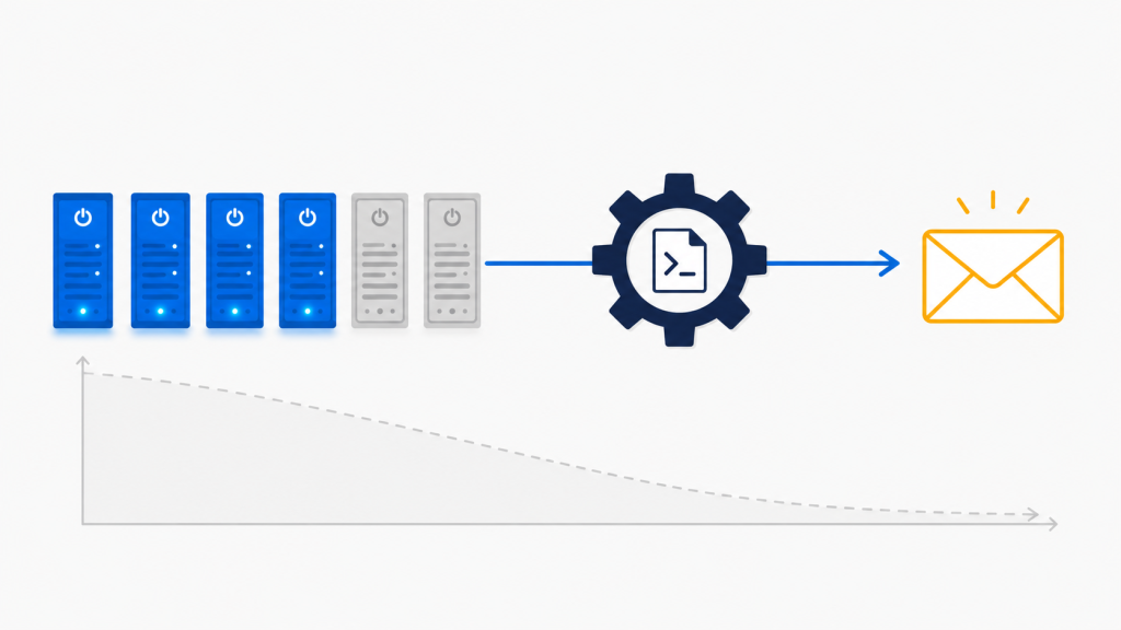 Illustration of an Azure Automation runbook deallocating virtual machines on a schedule and sending an email summary, with a declining cost curve below.