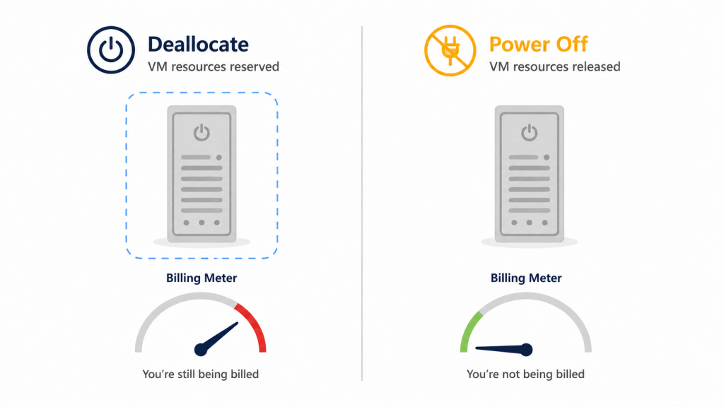 Side-by-side comparison showing that powering off an Azure VM keeps compute billing active while deallocating stops the compute meter entirely.