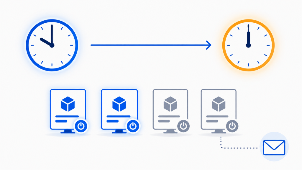 Illustration showing an Azure VM auto-shutdown schedule moving from 10:00 PM to 12:00 AM, with virtual machine icons powering down and an email notification being sent.