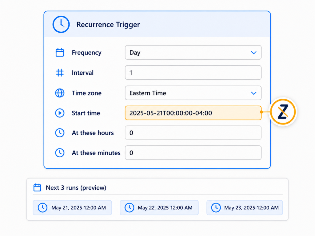 Logic App Recurrence trigger configuration card showing daily frequency, Eastern time zone, a midnight start time without a trailing Z, and explicit hours and minutes values.