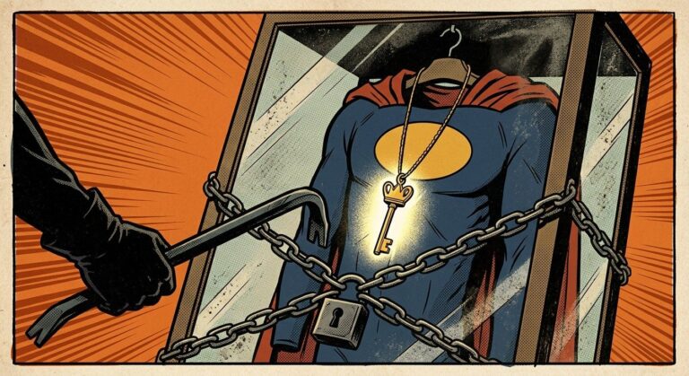 Retro comic illustration of a retired superhero suit locked in a chained glass case, a glowing golden master key still around its neck, as a gloved hand reaches in with a crowbar