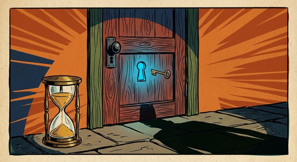A brass key hovering at a glowing keyhole while sand still runs through an hourglass beside the door