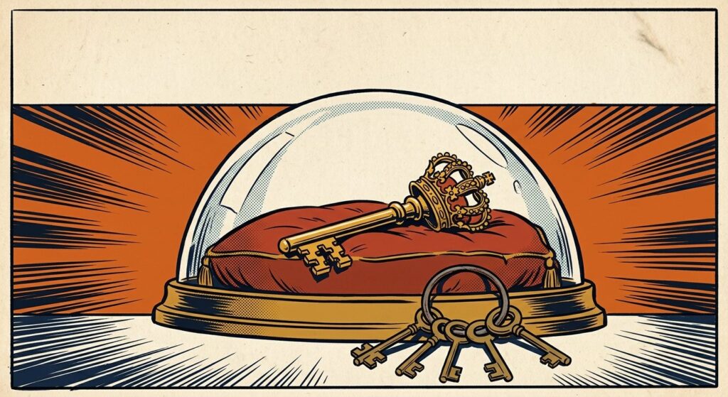 Retro comic illustration of a golden crown-topped master key retired under a glass dome, with a ring of five small brass keys in front of it