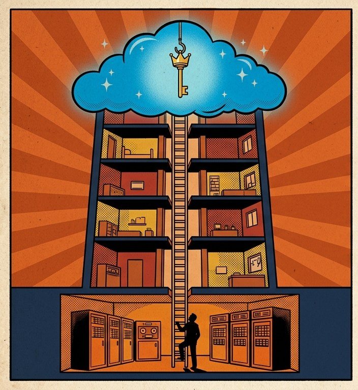 Comic cutaway of a building with a hidden ladder running from a basement server room up into a blue cloud where a golden master key hangs