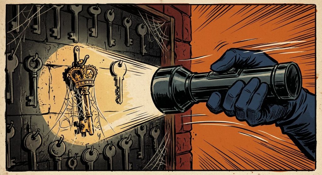 A superhero's gloved hand shining a flashlight across a wall of keys, revealing a cobwebbed golden master key